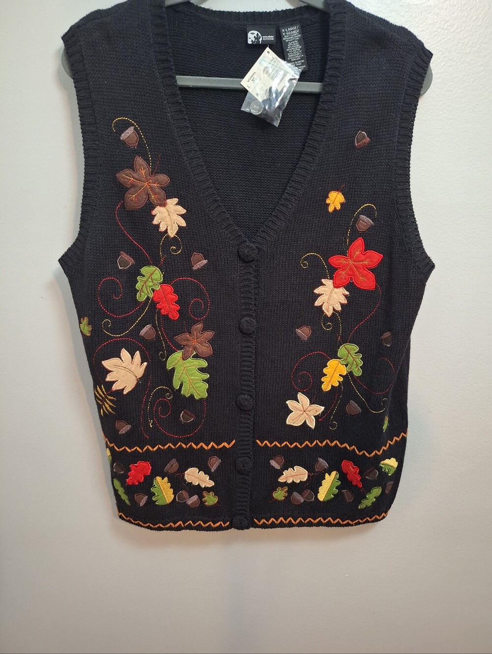 NWT Holiday Black Embroidered Button Sweater Vest Leaves Fall Autumn Womens XL - Picture 4 of 9